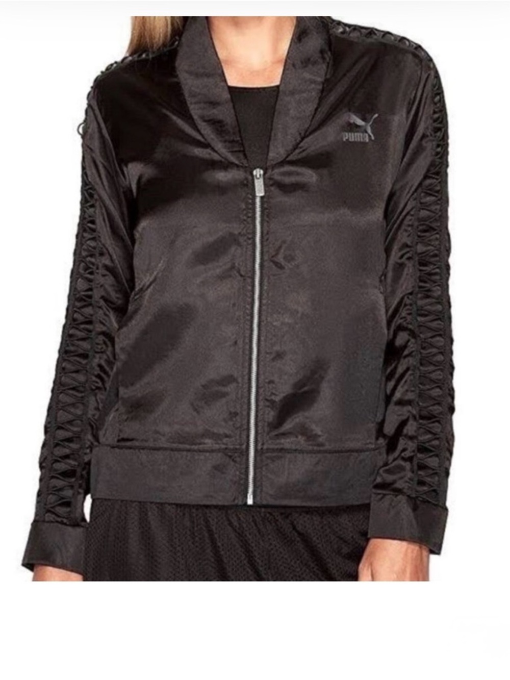 PUMA NWT Black Satin Lux T7 Full Zip Elastic Lightweight Jacket Pockets Size S